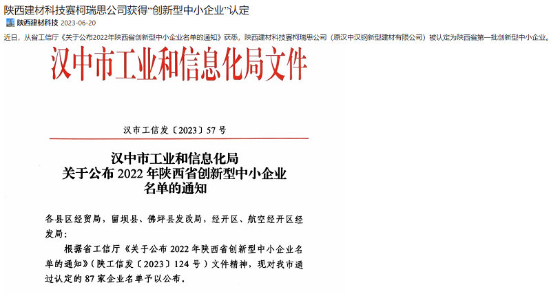 奮進(jìn)陜煤、陜煤集團官網(wǎng) | 陜西建材科技賽柯瑞思公司獲得“創(chuàng  )新型中小企業(yè)”認定